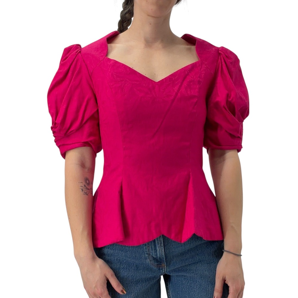 Regency Jacquard Puff Sleeve Peplum Blouse Size S Sweetheart Neck Hot Pink